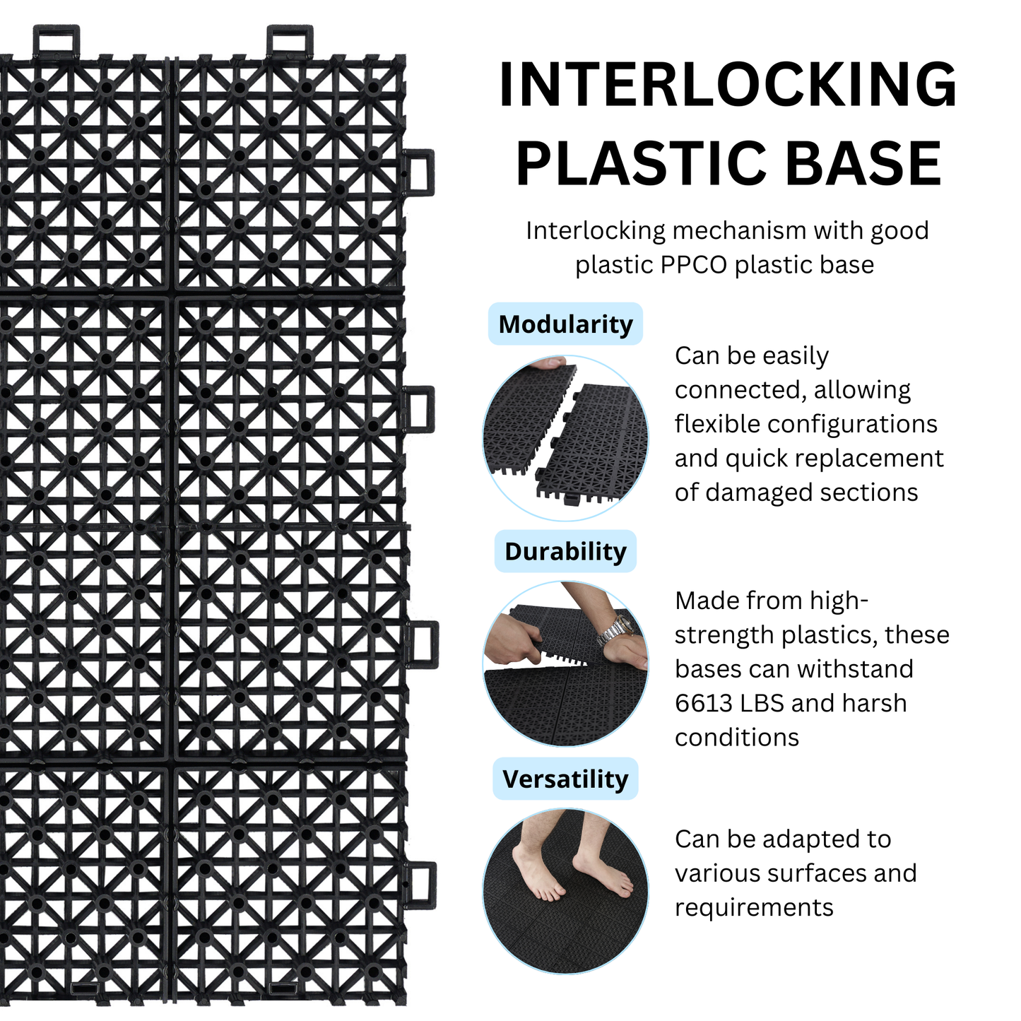 Black interlocking plastic base tiles with a grid pattern for modular flooring