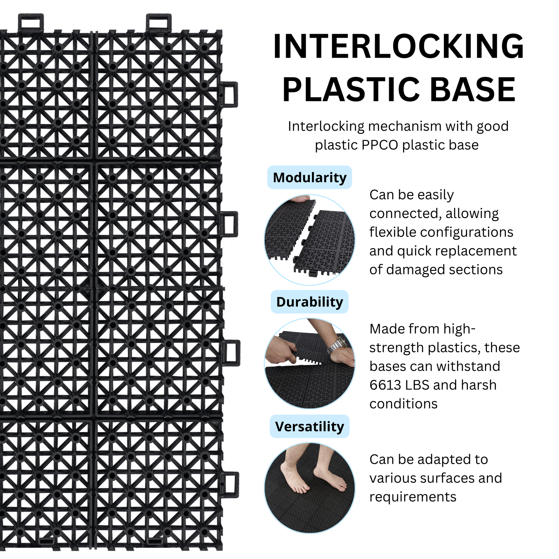 Black interlocking plastic base tiles with a grid pattern for modular flooring