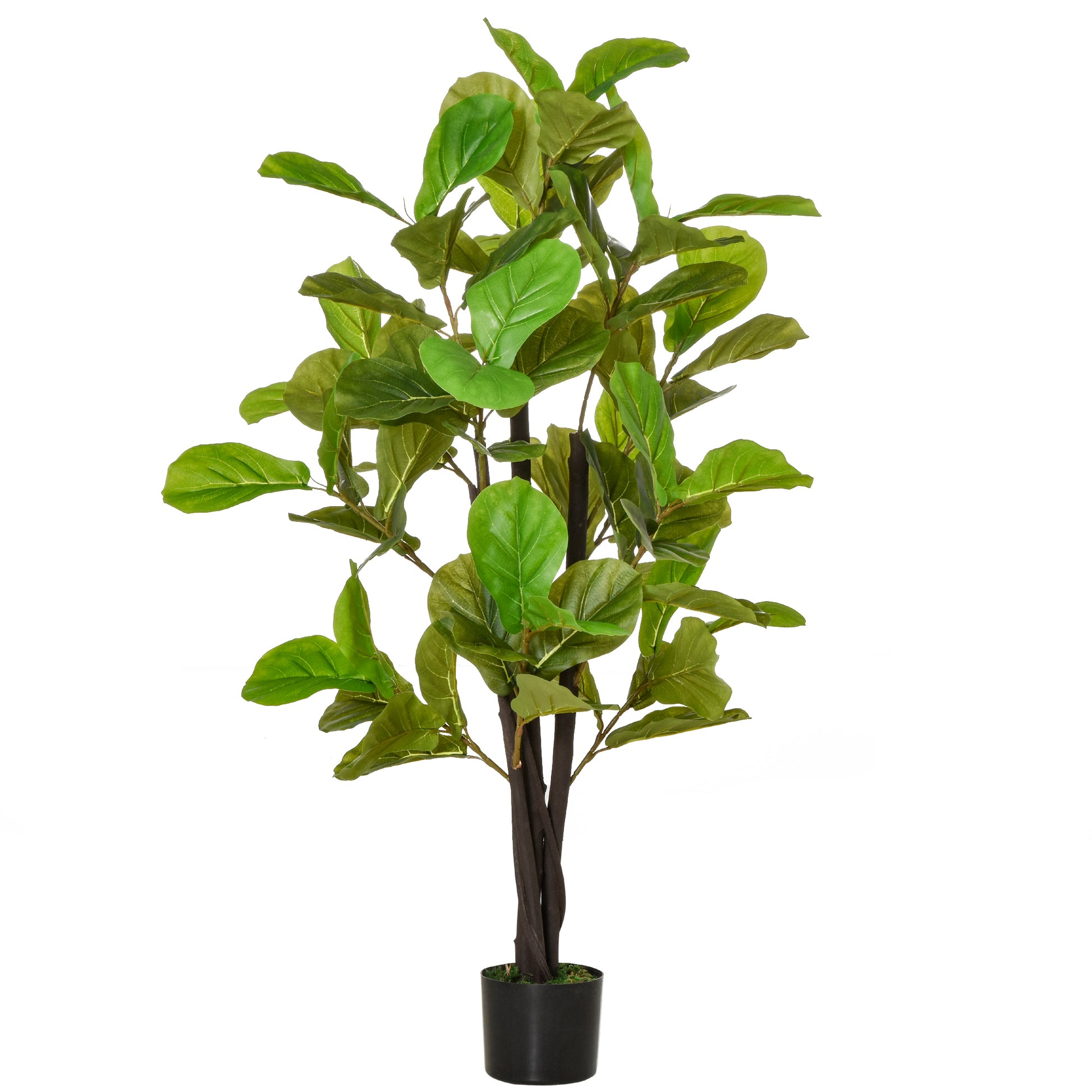 Tall artificial fiddle leaf fig tree with lush green leaves in a black planter