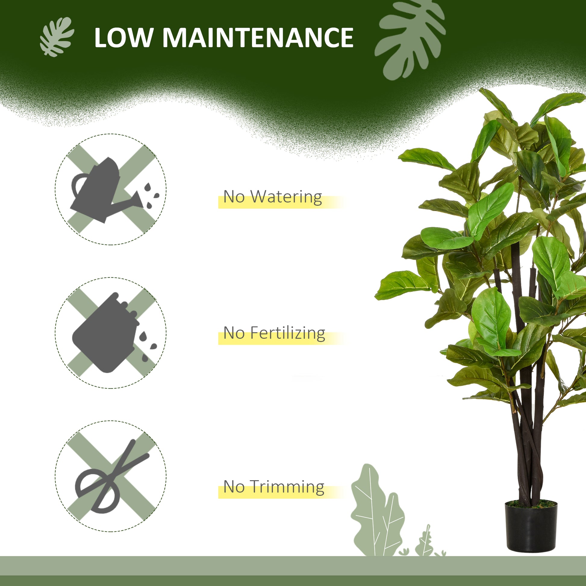 Realistic artificial fiddle leaf fig tree with lush green leaves in a black pot