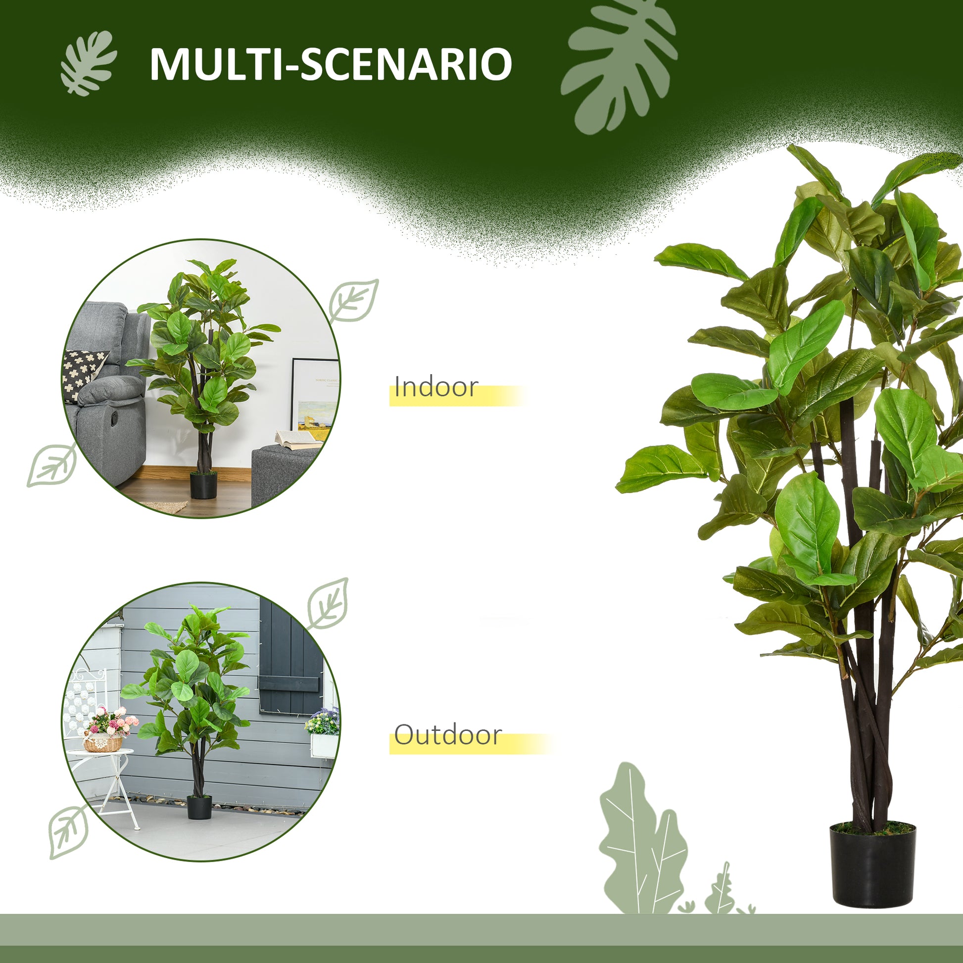 Tall artificial fiddle leaf fig tree with realistic green leaves in a black pot perfect for indoor decor