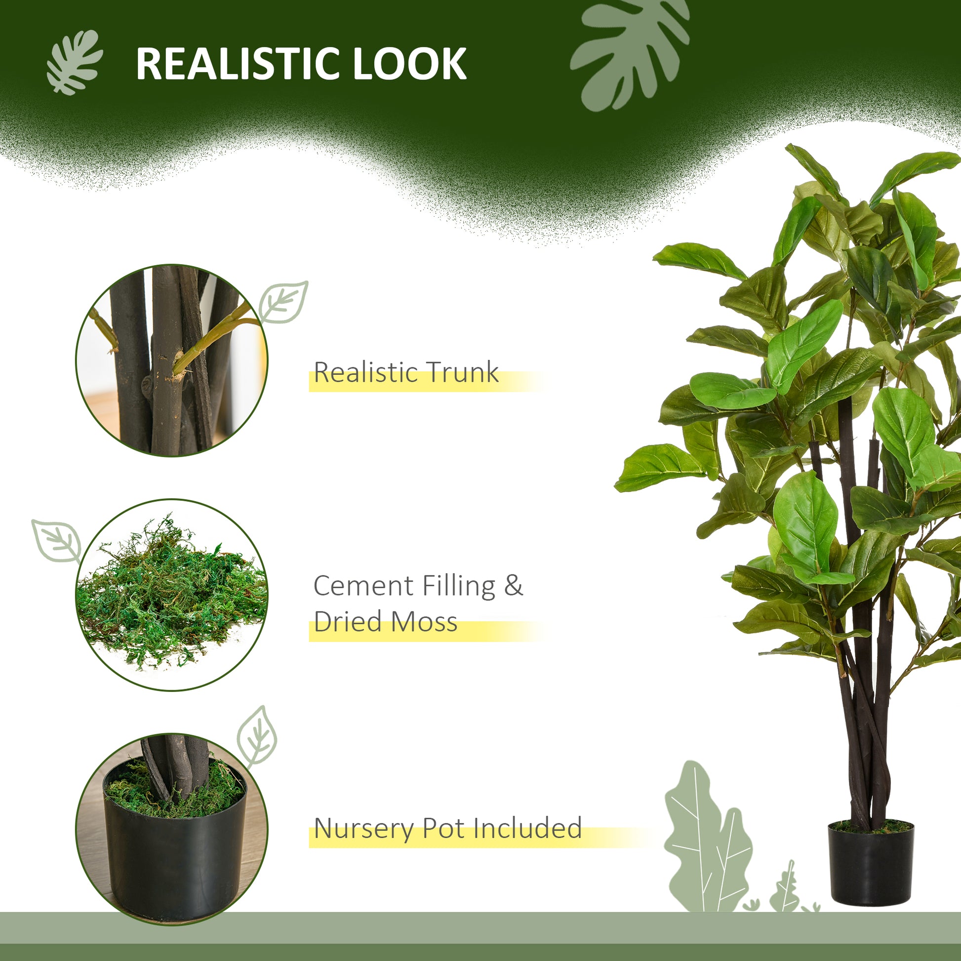 Tall artificial fiddle leaf fig tree with realistic trunk and lush green leaves