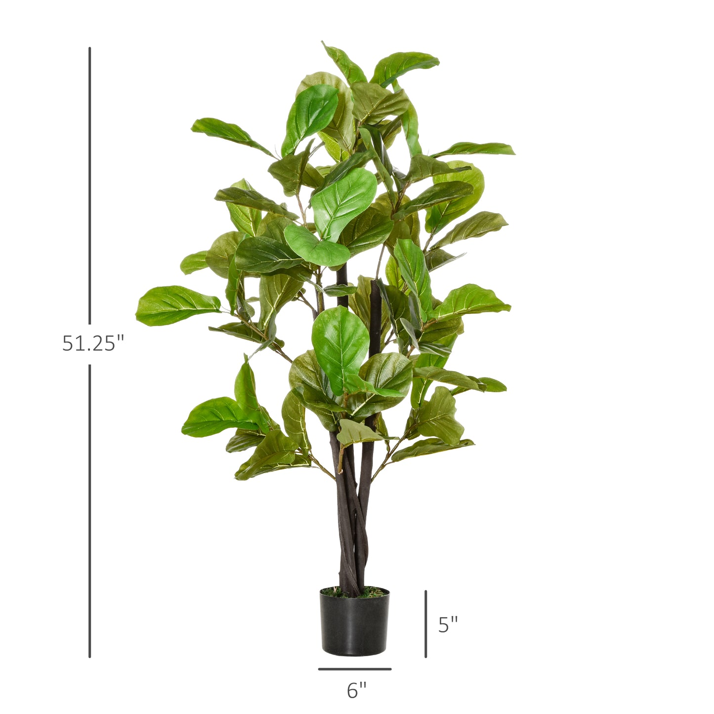 Tall artificial fiddle leaf fig tree with large green leaves and a textured brown trunk in a black pot