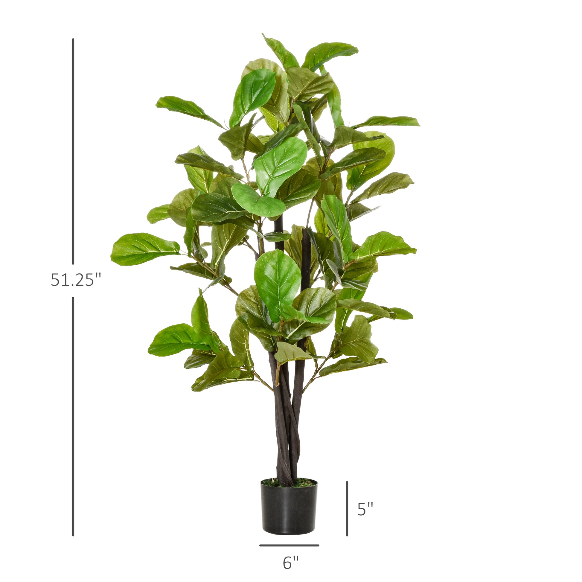 Tall artificial fiddle leaf fig tree with large green leaves and a textured brown trunk in a black pot