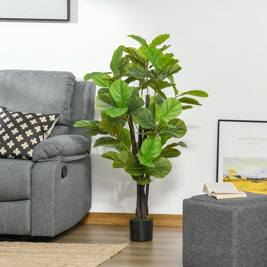 Large artificial fiddle leaf fig plant with dark green leaves in a black pot