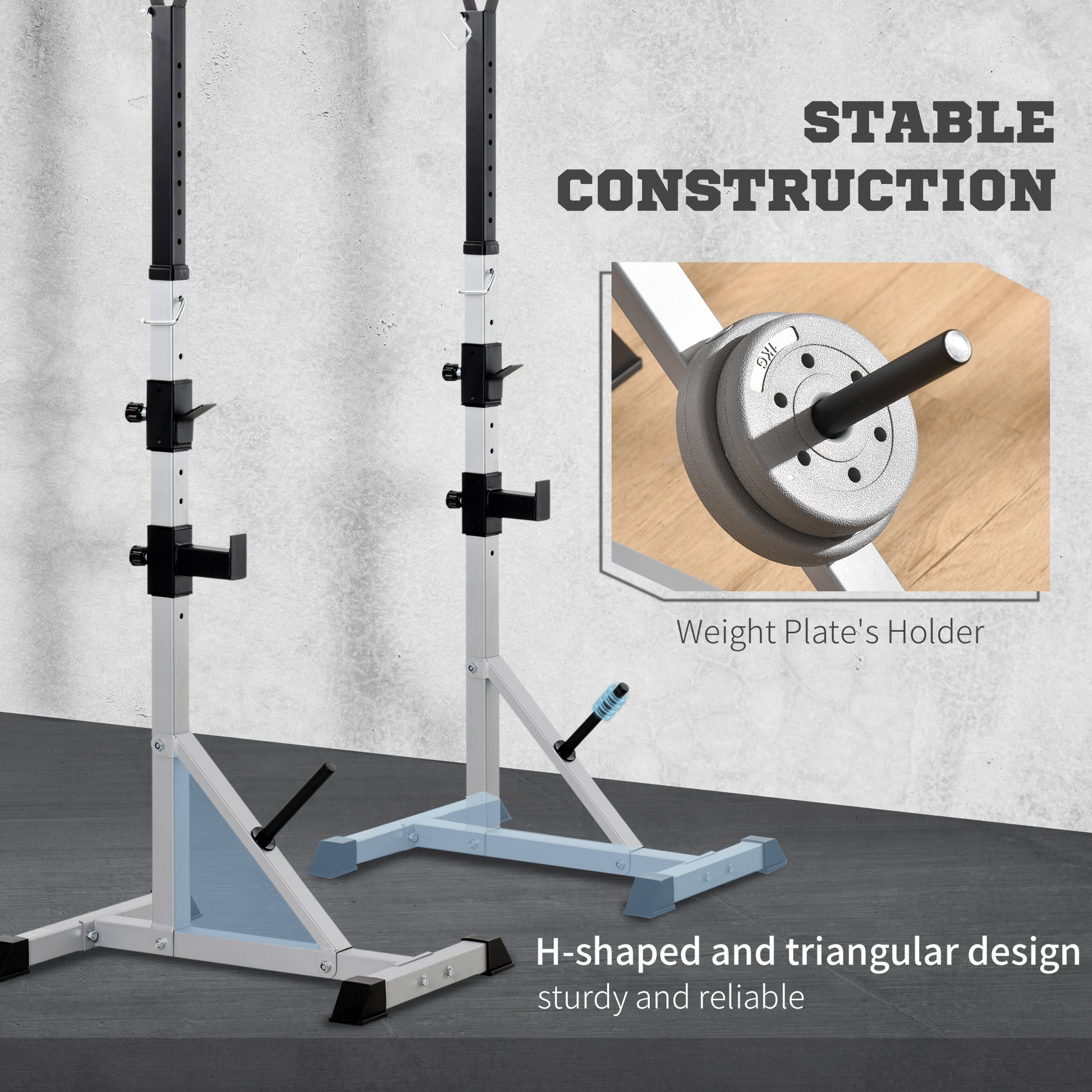 Adjustable squat rack with steel Hshaped base for home gyms
