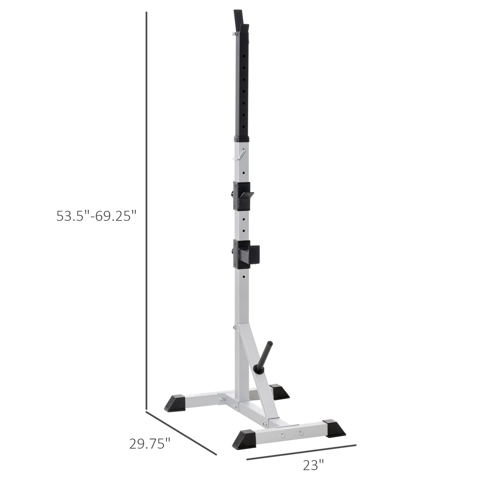 Adjustable silver squat rack with black accents and safety catches