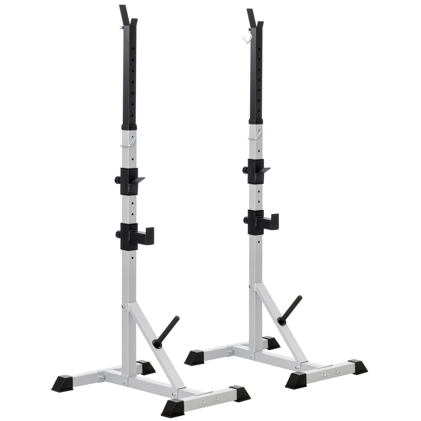 Adjustable height squat rack with black barbell hooks and silver frame