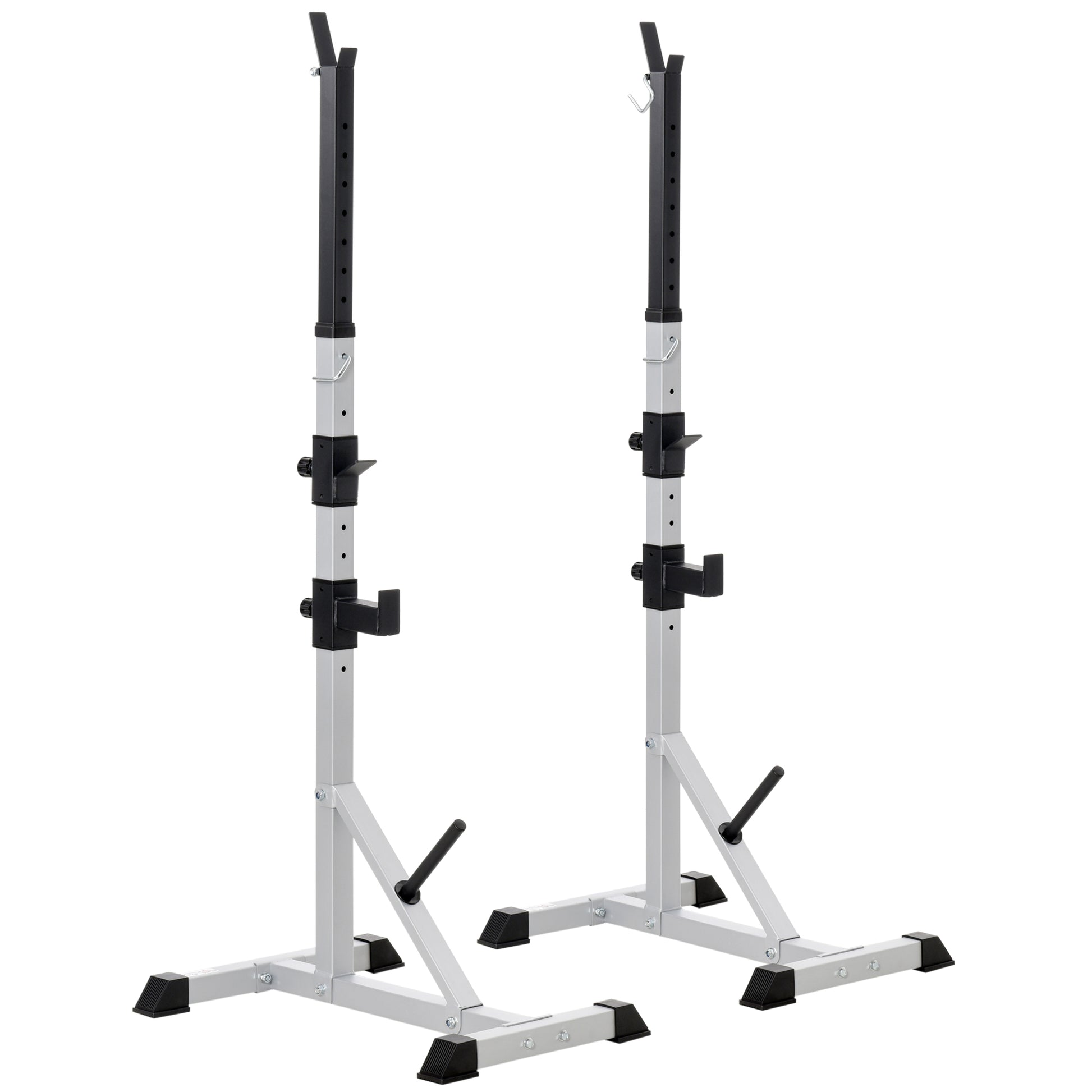 Adjustable height squat rack with black barbell hooks and silver frame