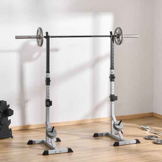 Adjustable squat rack in gray with a barbell and weight plates ideal for home gyms
