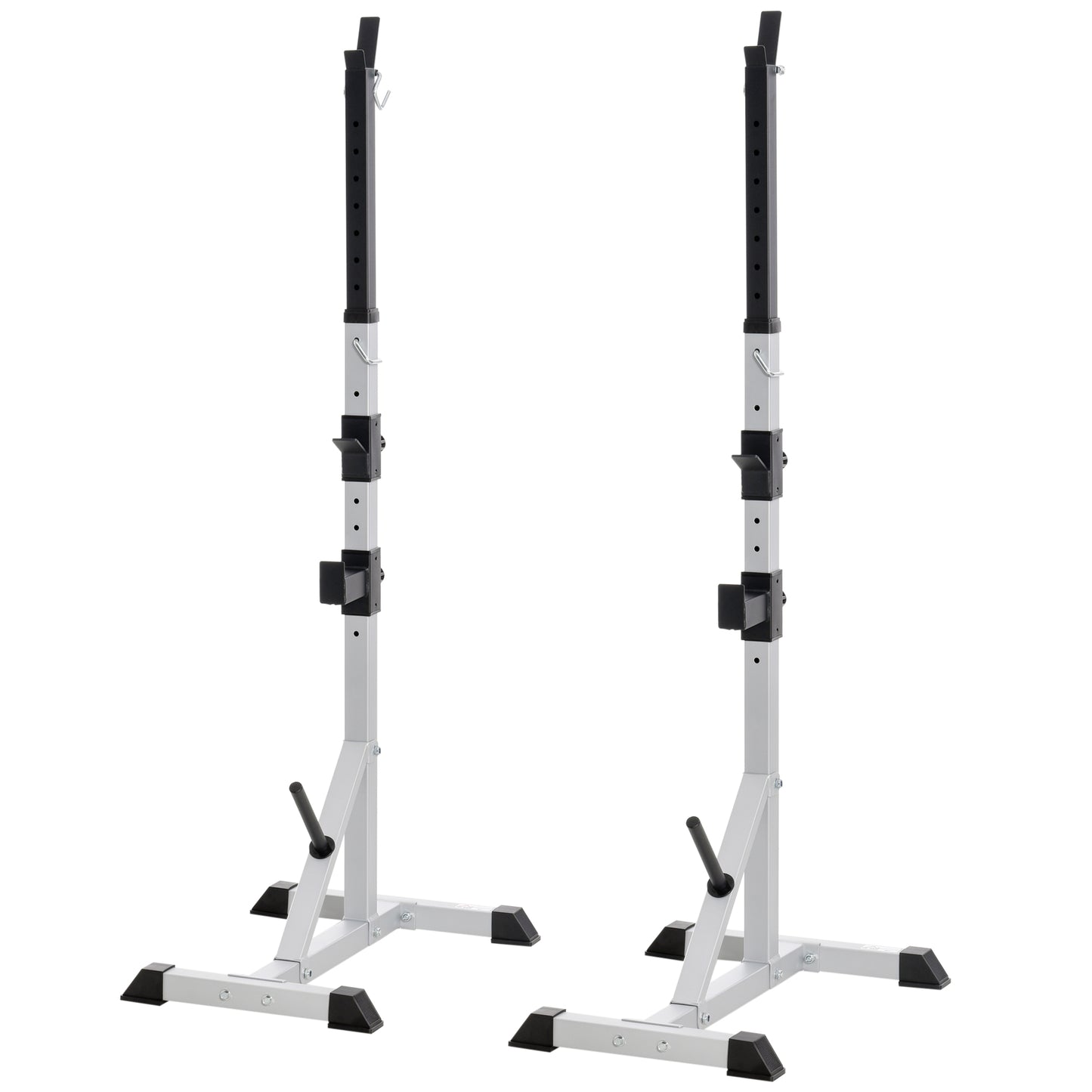 Adjustable squat rack stands in silver and black designed for home gym use