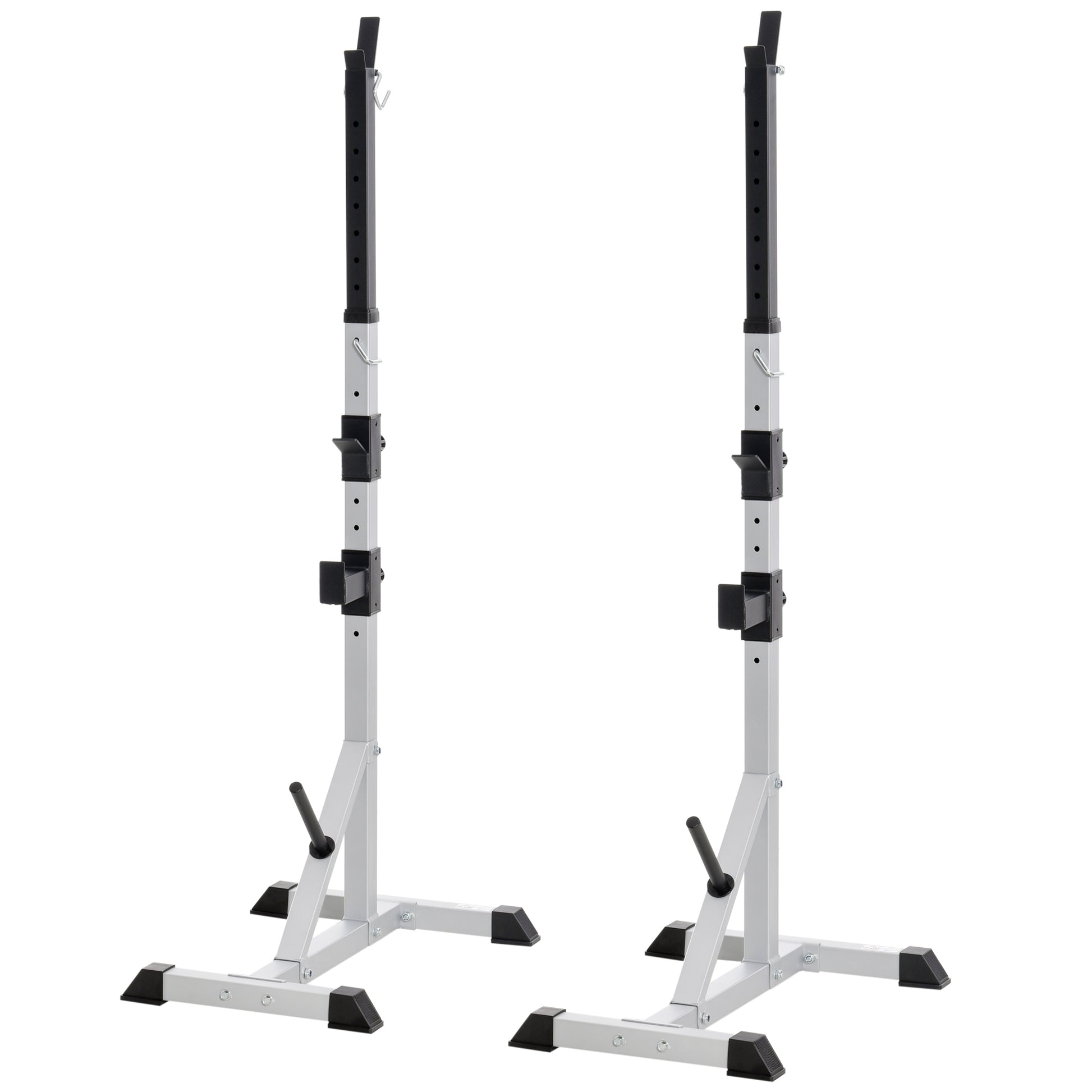 Adjustable squat rack stands in silver and black designed for home gym use