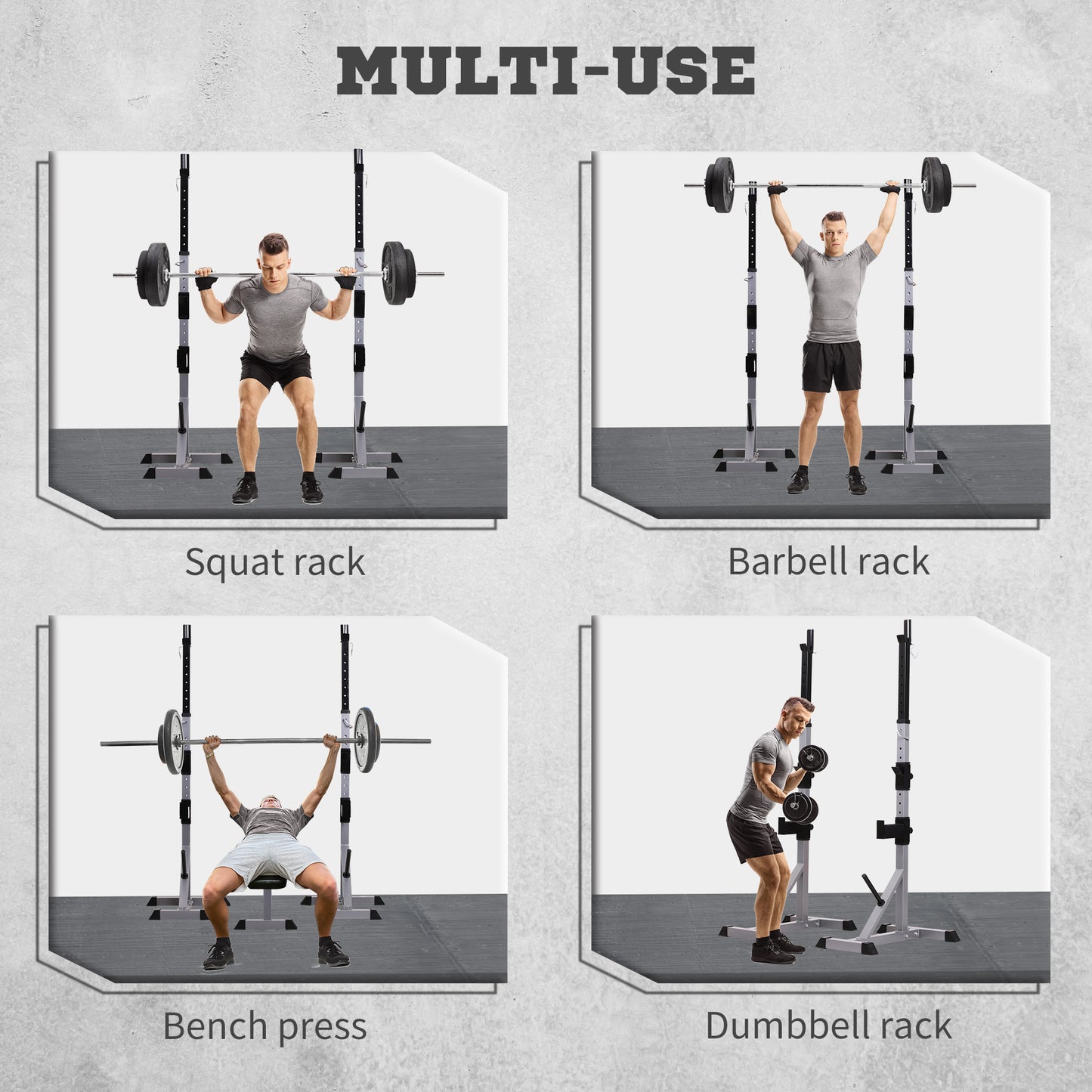 Man performing barbell squat exercise with adjustable squat rack for home gym