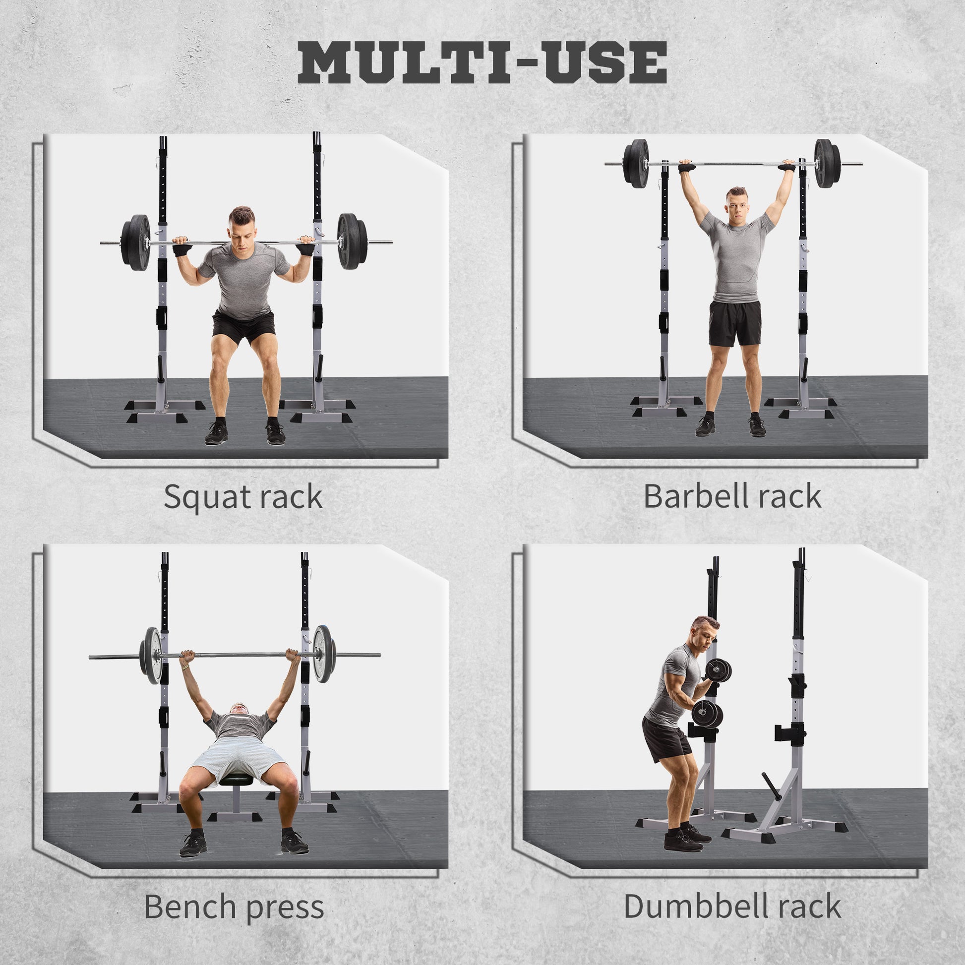 Man performing barbell squat exercise with adjustable squat rack for home gym