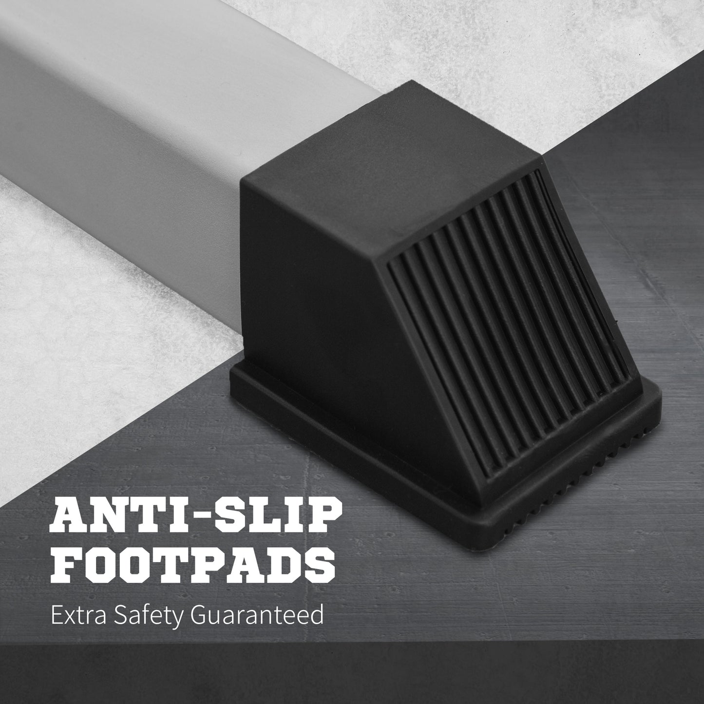 Black rubber antislip footpad with ribbed texture on metal leg
