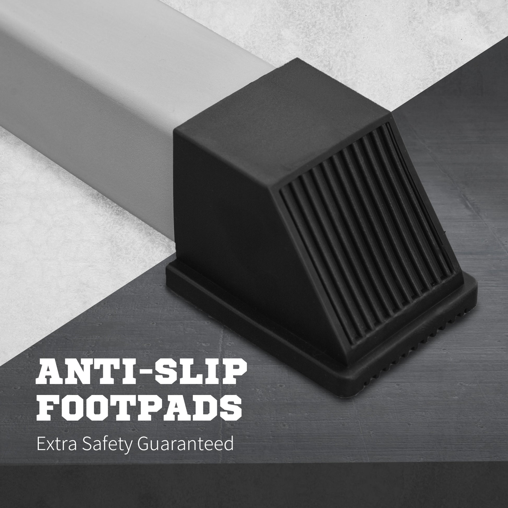 Black rubber antislip footpad with ribbed texture on metal leg