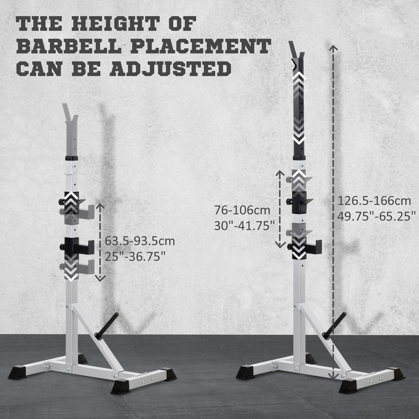 Adjustable height squat rack silver metal with black barbell holders for home gyms