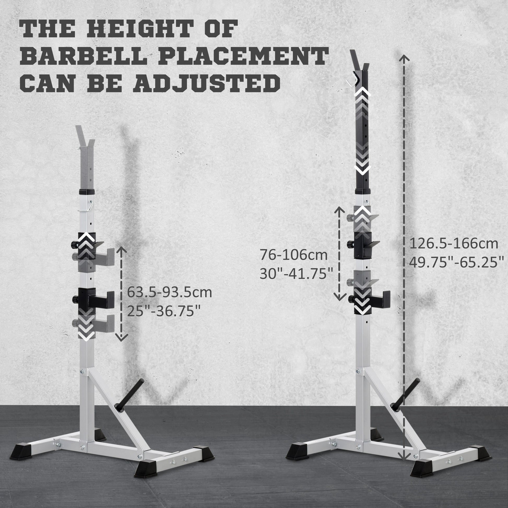 Adjustable height squat rack silver metal with black barbell holders for home gyms