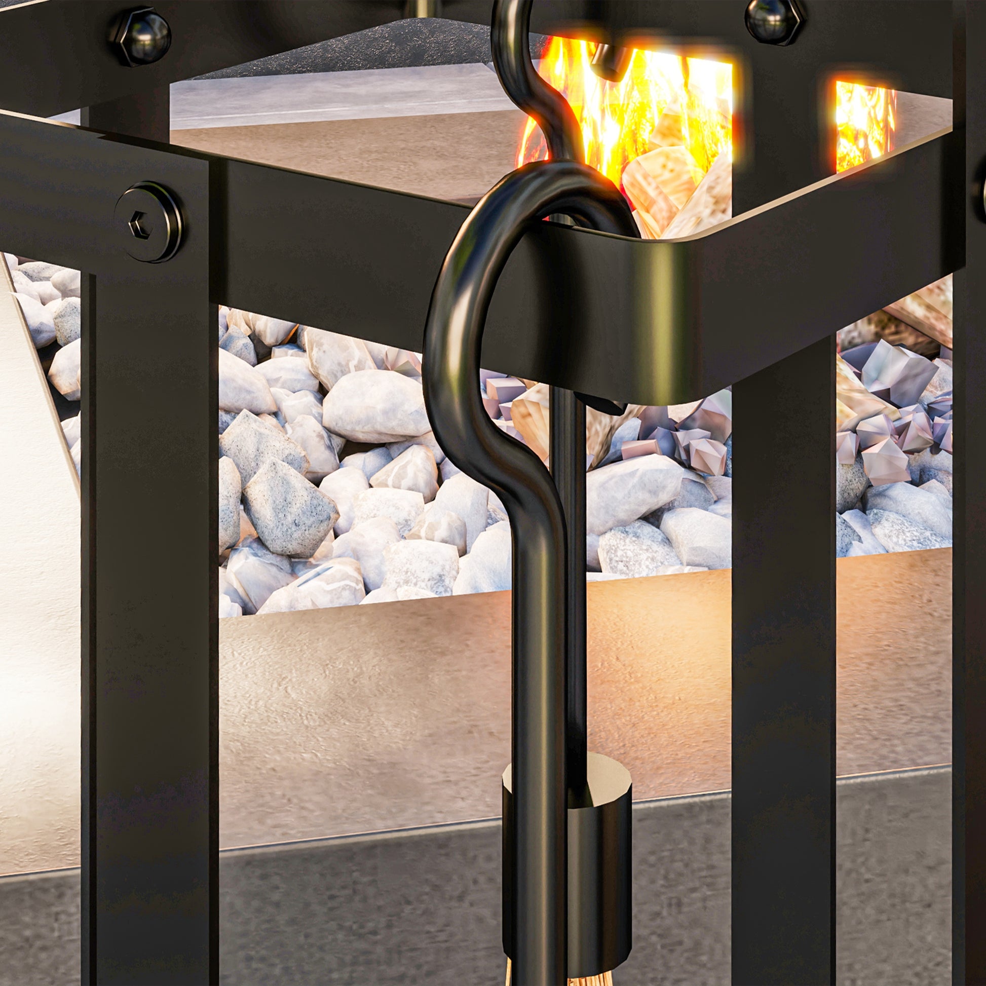Closeup of a modern black metal fire pit with glowing flames and decorative stones
