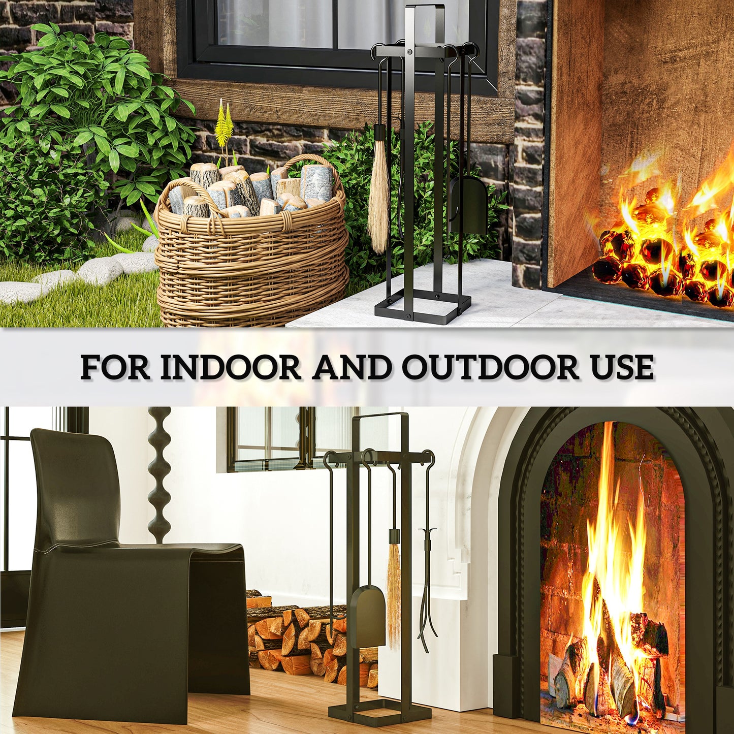 Black metal fireplace tool set with tongs shovel and broom