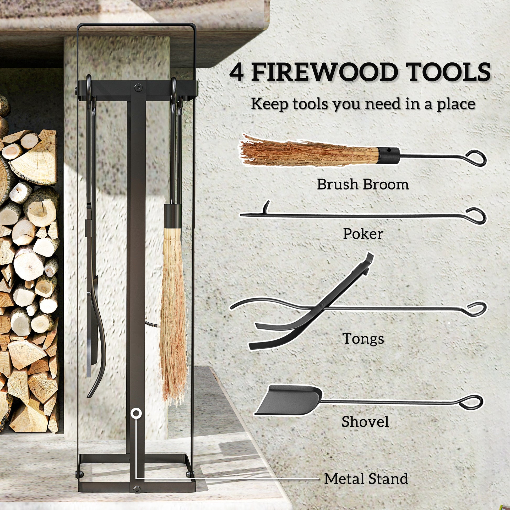 Black metal firewood tool set with brush broom poker tongs and shovel