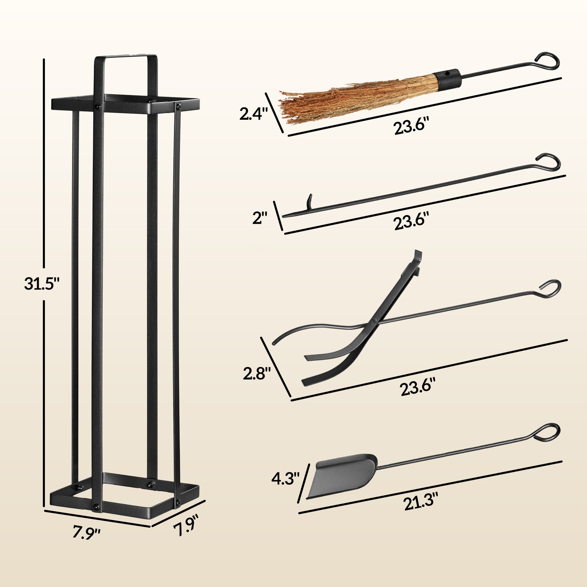 Black metal fireplace tool set with stand includes poker tongs brush and shovel