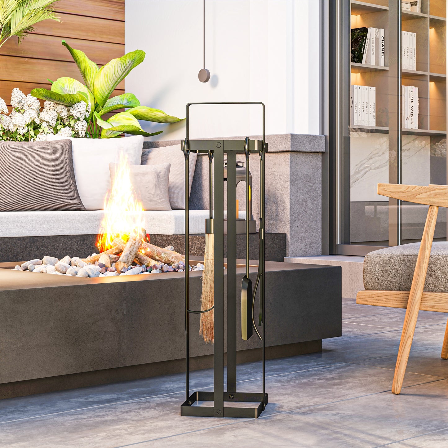 Black wrought iron fireplace tool set with poker brush and tongs