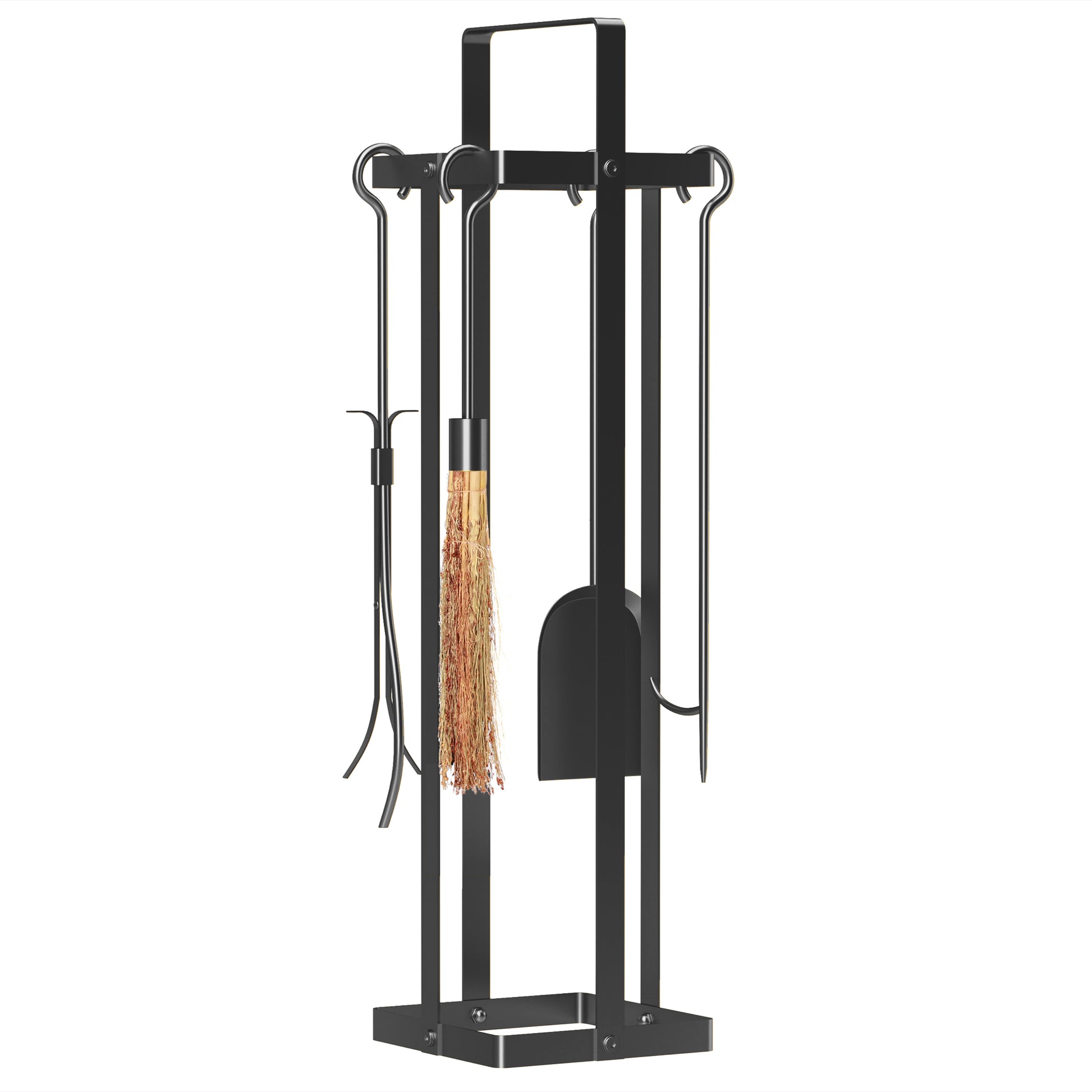 Black metal fireplace tool set with brush shovel poker and tongs