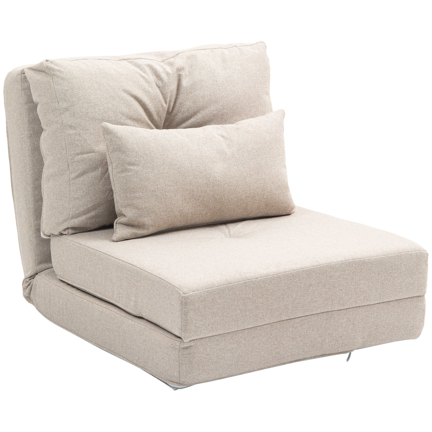 Beige linen upholstered convertible chair with lumbar pillow perfect for small spaces