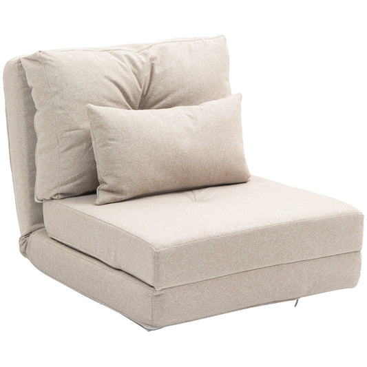 Beige linen upholstered convertible chair with lumbar pillow perfect for small spaces