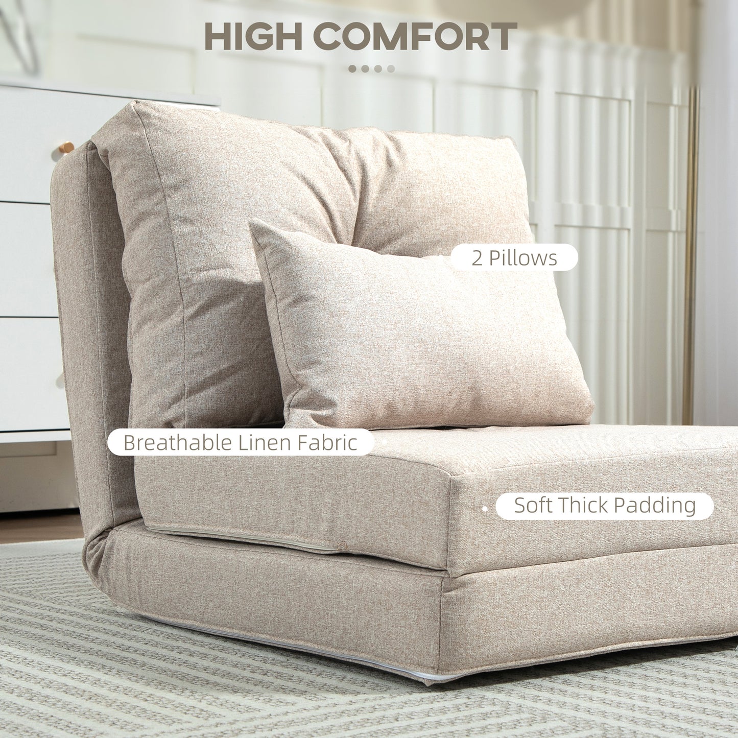 Beige linen convertible chair with two plush pillows and thick padding