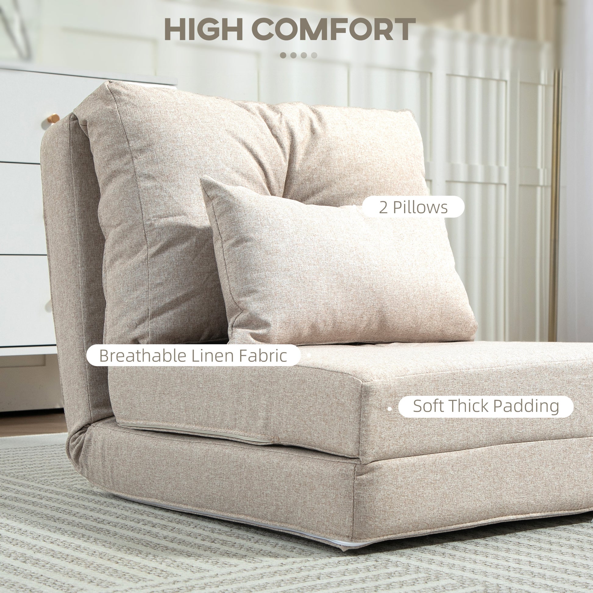 Beige linen convertible chair with two plush pillows and thick padding