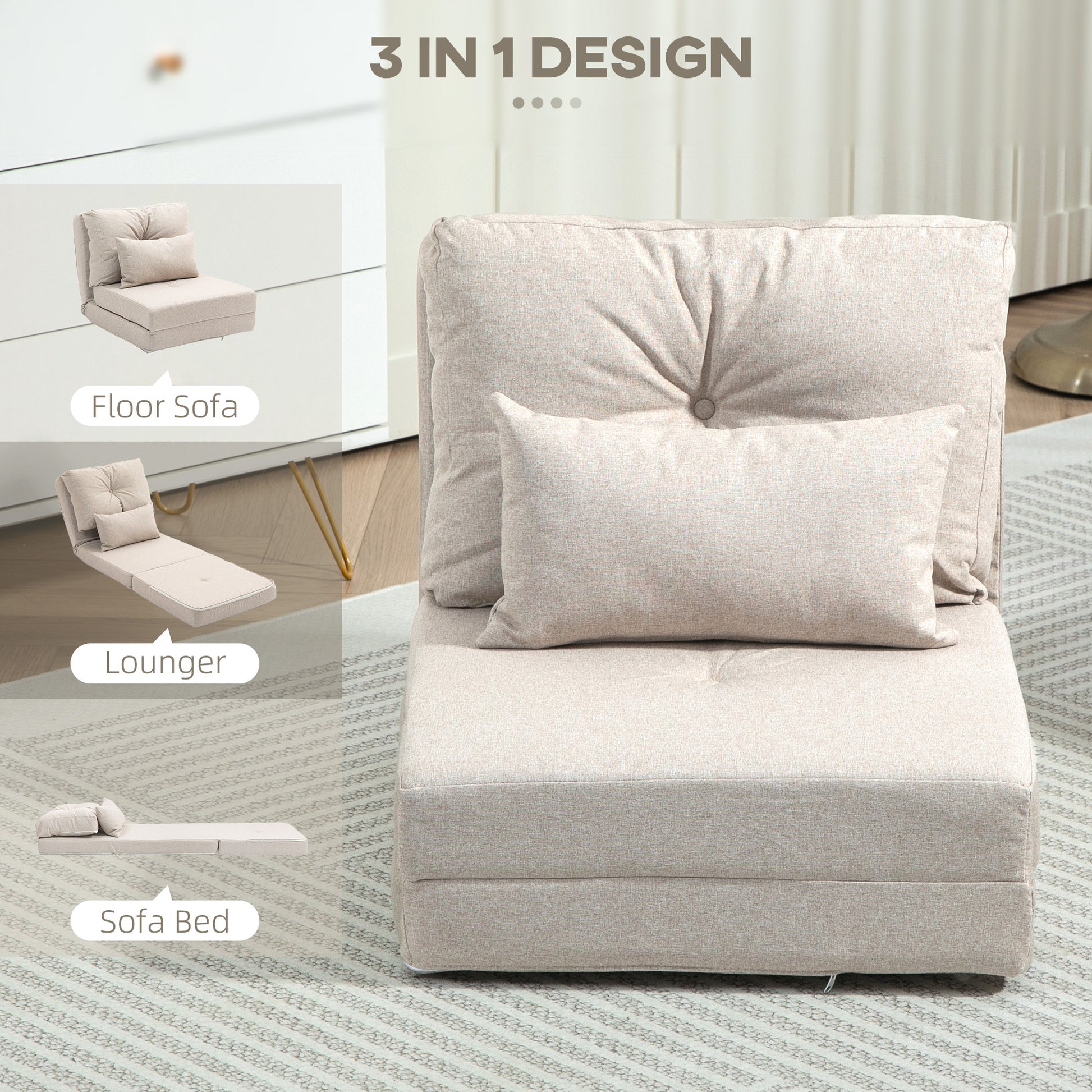 Beige convertible futon sofa with tufted back and accent pillow in design for versatile seating