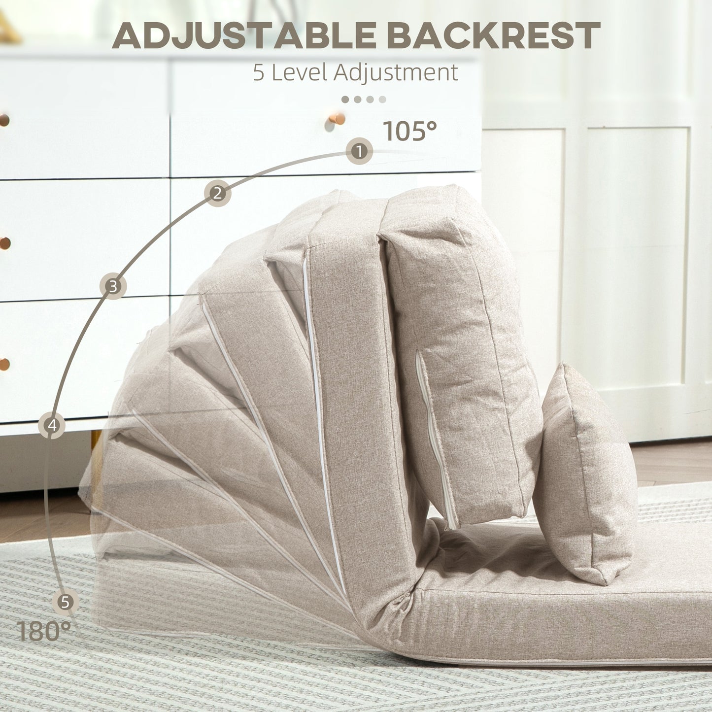 Adjustable backrest of a beige linen floor chair with  levels
