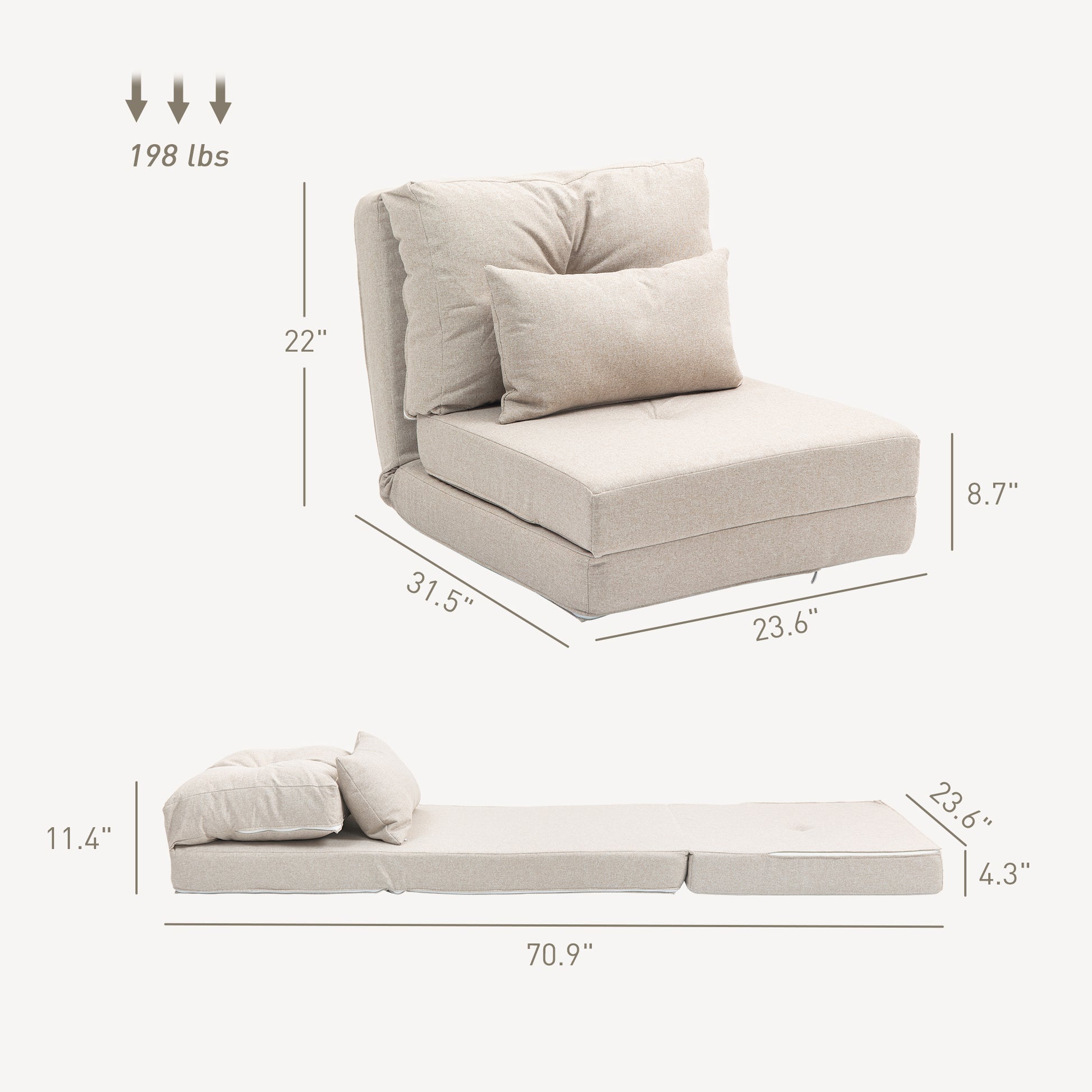 Beige linen convertible sofa bed with decorative pillows  high