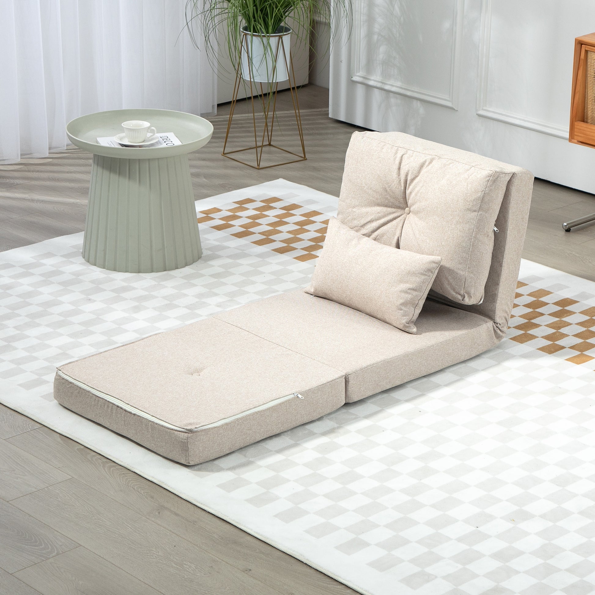 Beige linen convertible sofa bed with adjustable backrest ideal for small spaces