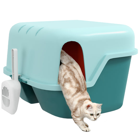 Teal hooded cat litter box with scoop featuring an enclosure design for privacy and odor control