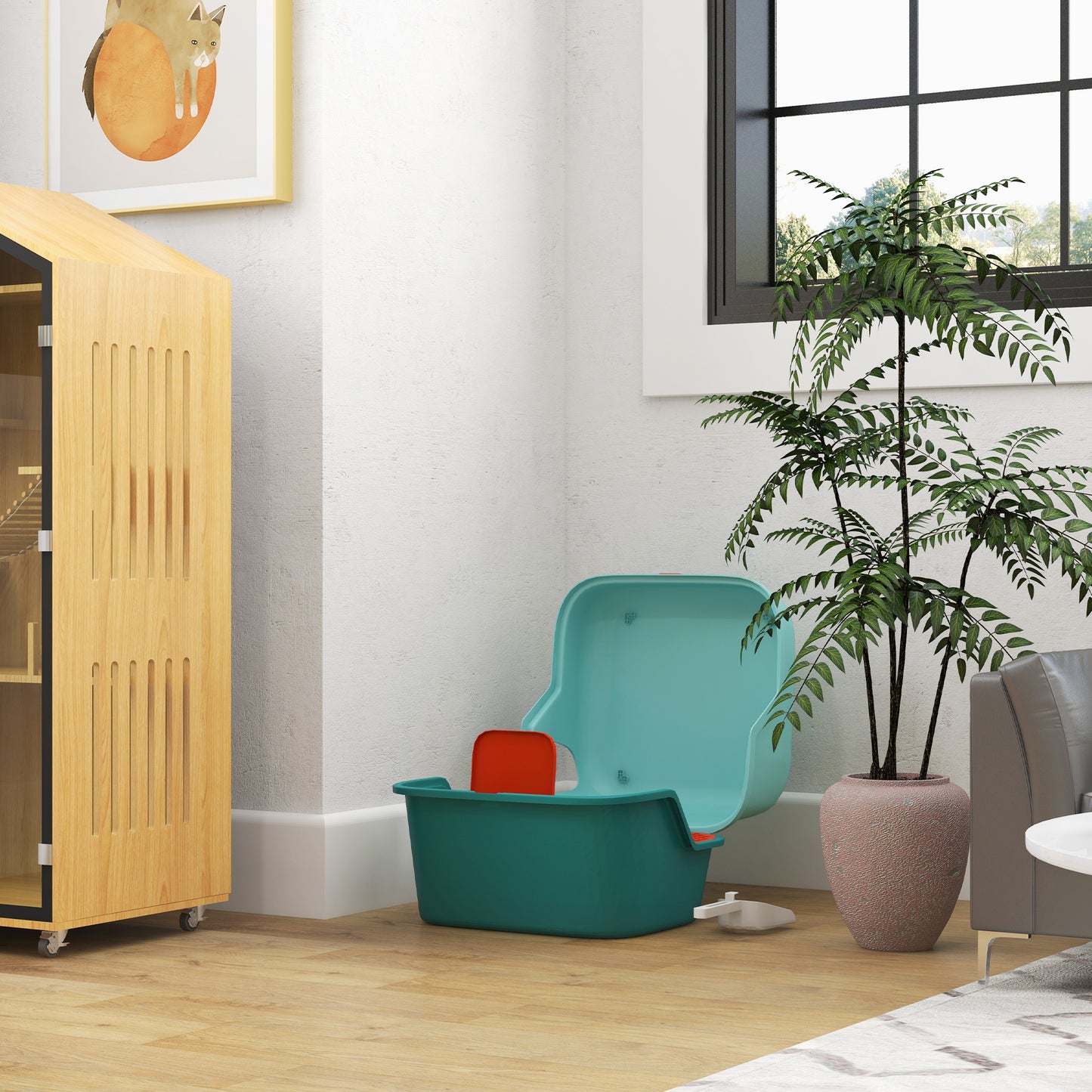 Teal and orange modern cat litter box with litter scoop