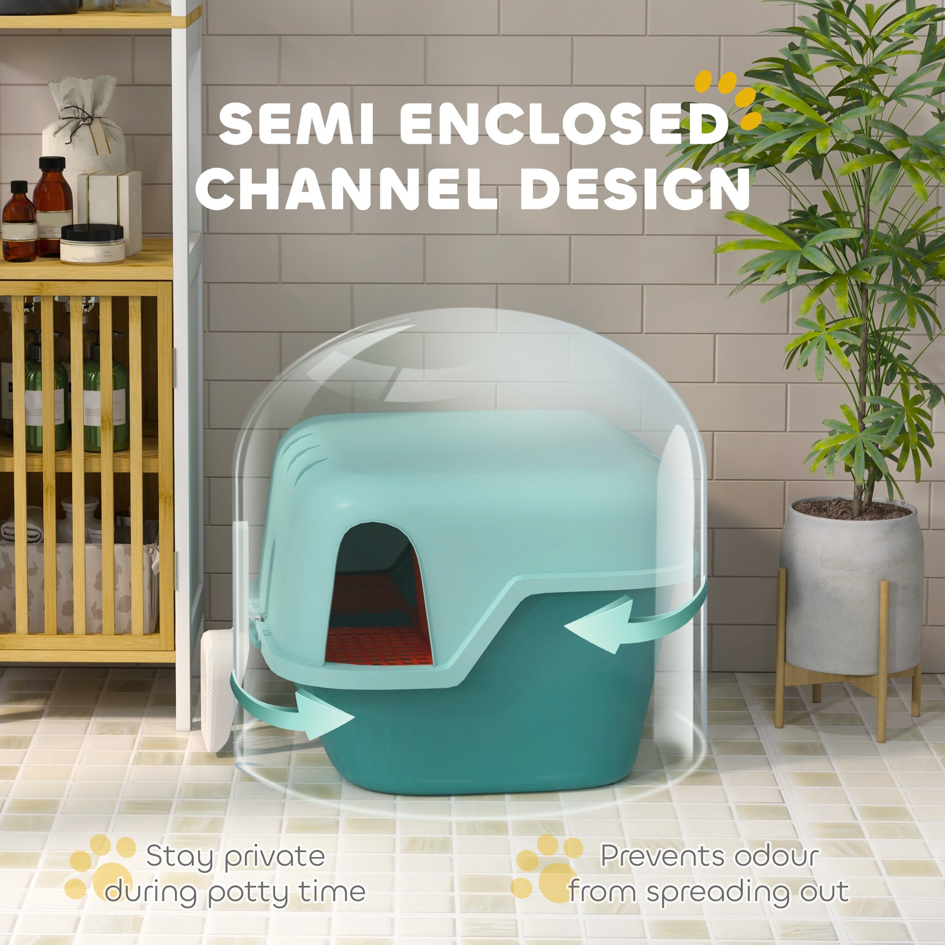 Teal enclosed cat litter box with semienclosed channel design