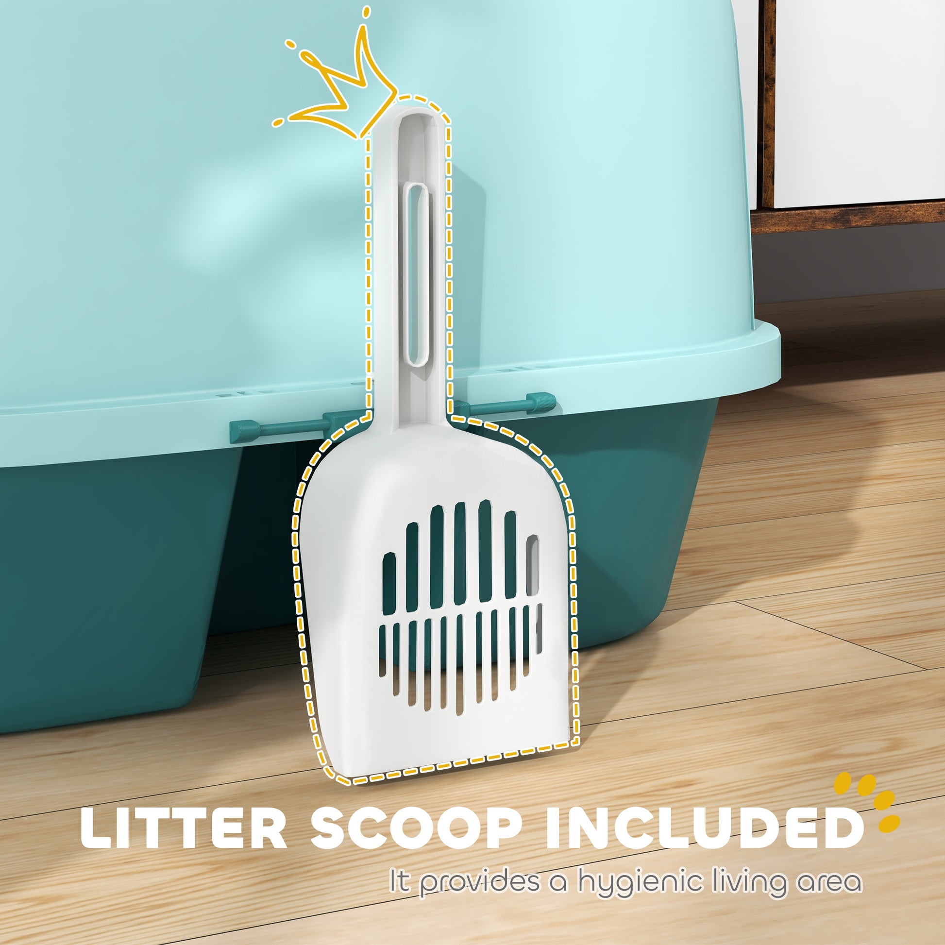 White litter scoop with a slotted head and ergonomic handle designed for easy cat litter cleaning