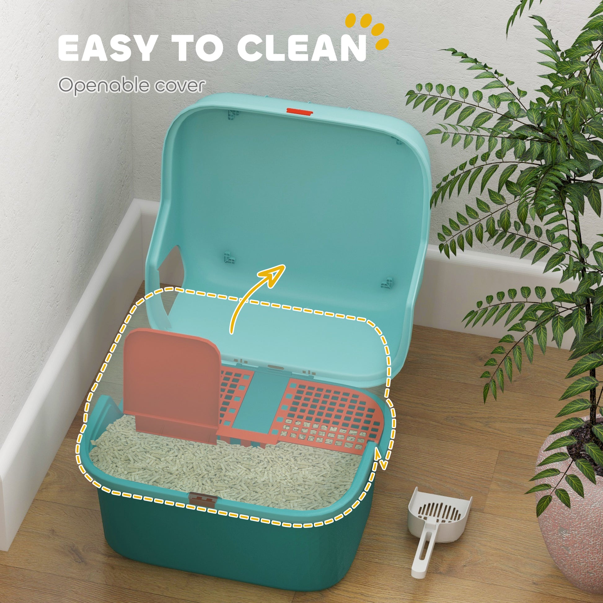 Teal openable cat litter box with screened tray and litter scoop