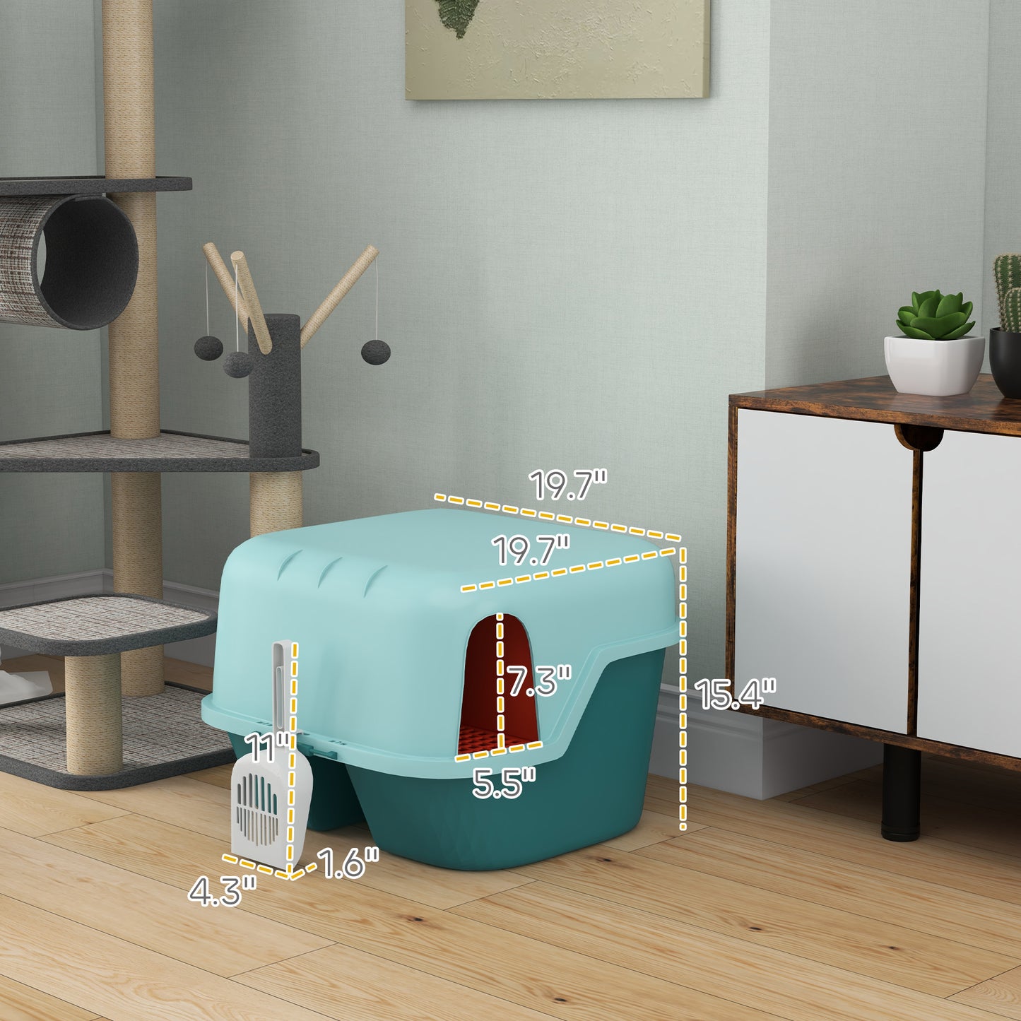 Teal enclosed cat litter box with integrated scoop for odor control and privacy