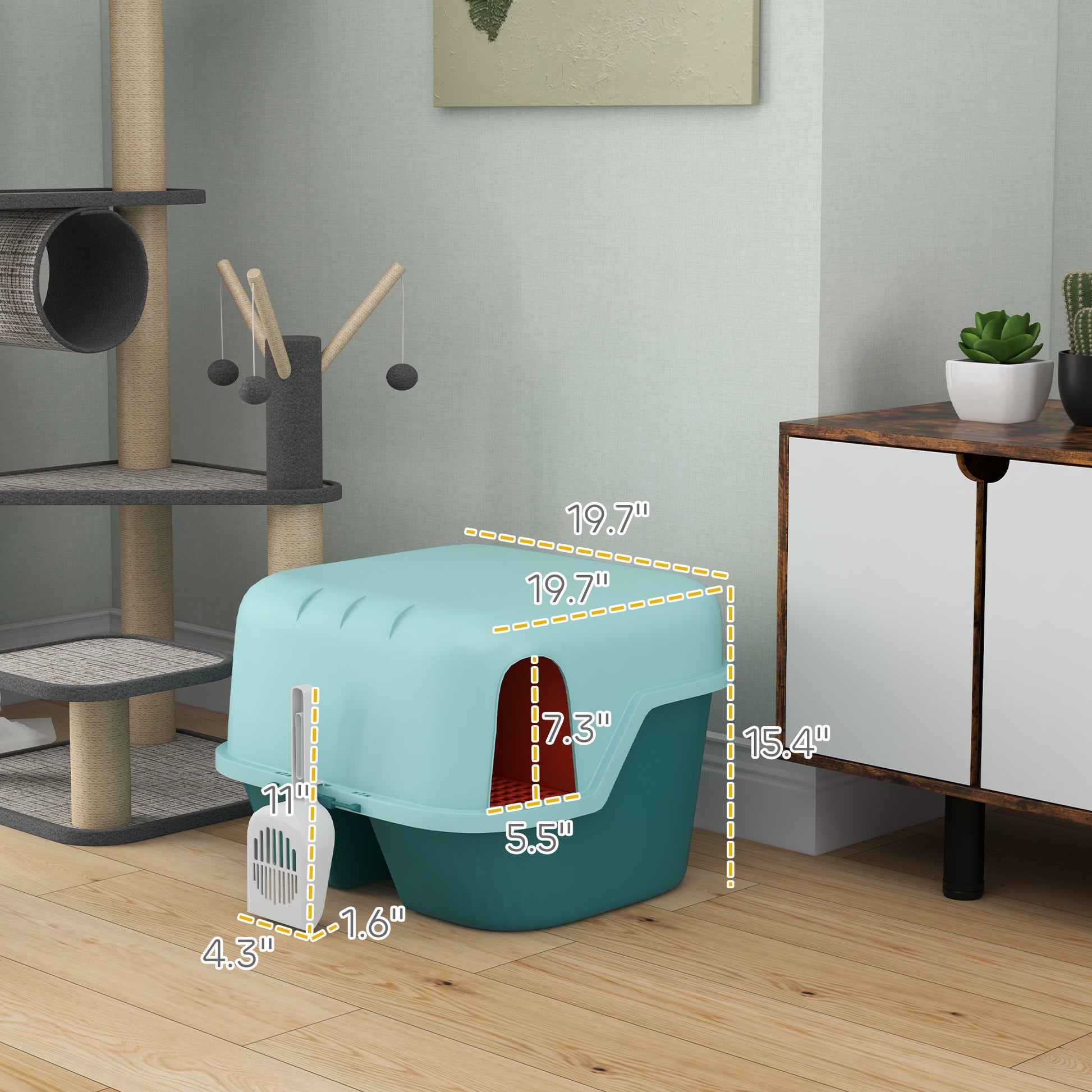Teal enclosed cat litter box with integrated scoop for odor control and privacy
