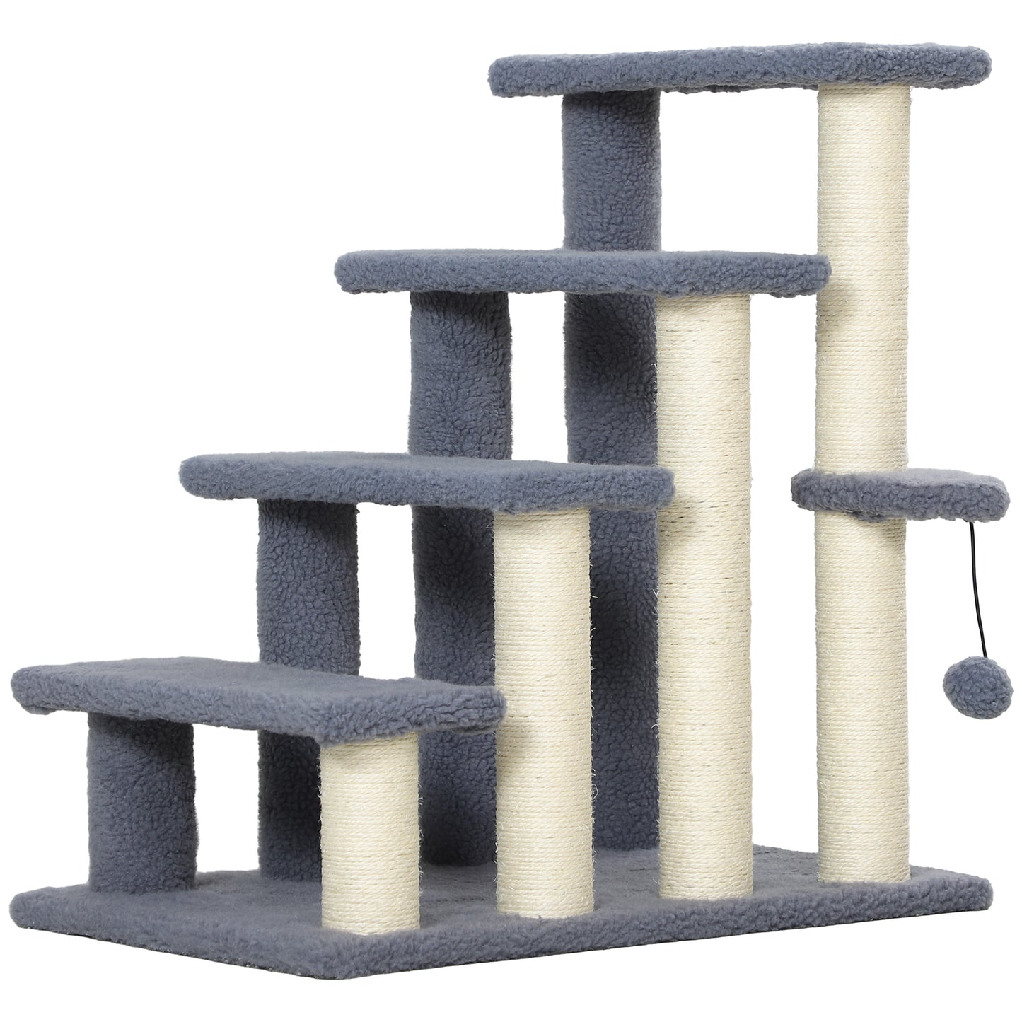 Gray carpeted cat tree with multiple tiers and scratching posts for feline play