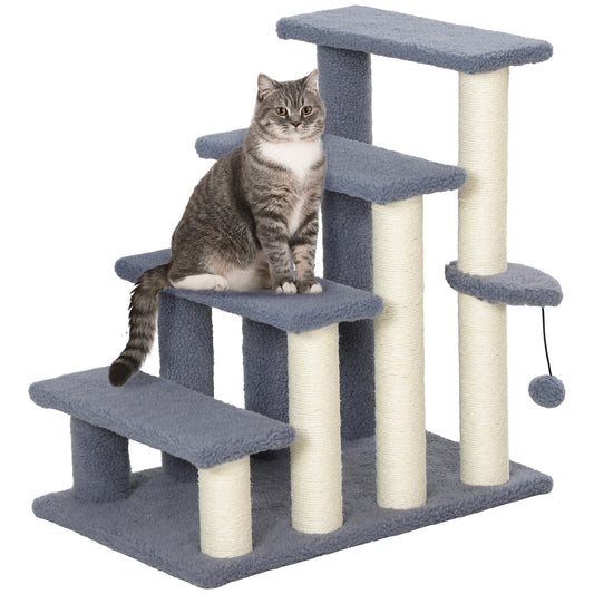 Grey multilevel cat tree with sisal scratching posts and plush platforms