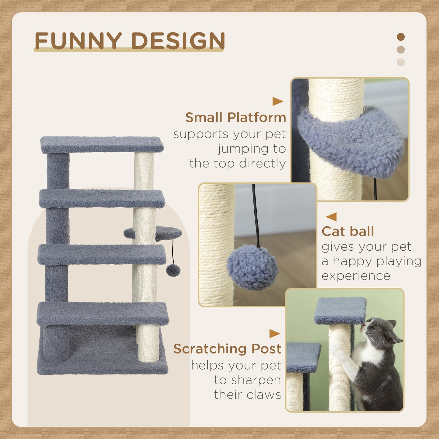 Multilevel gray cat tree with sisal scratching posts and hanging toy