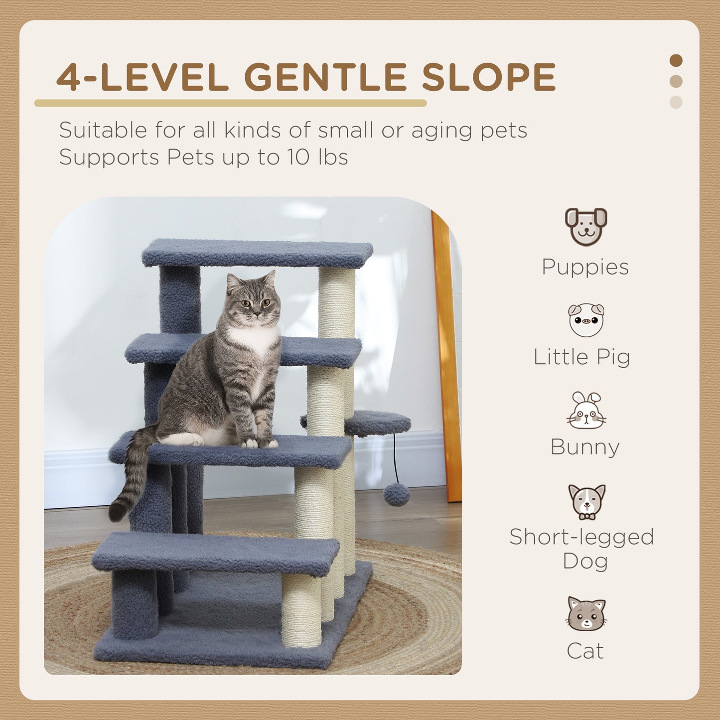 Gray fourlevel cat tree with sisal scratching posts and a sitting cat
