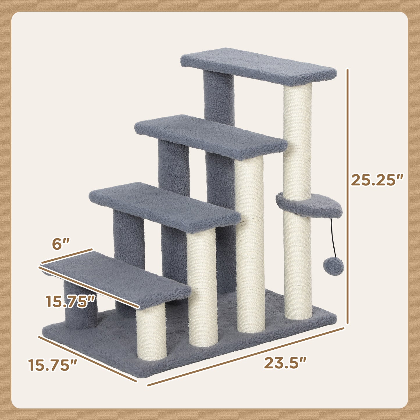 Gray multilevel cat tree with carpeted platforms and sisal scratching posts