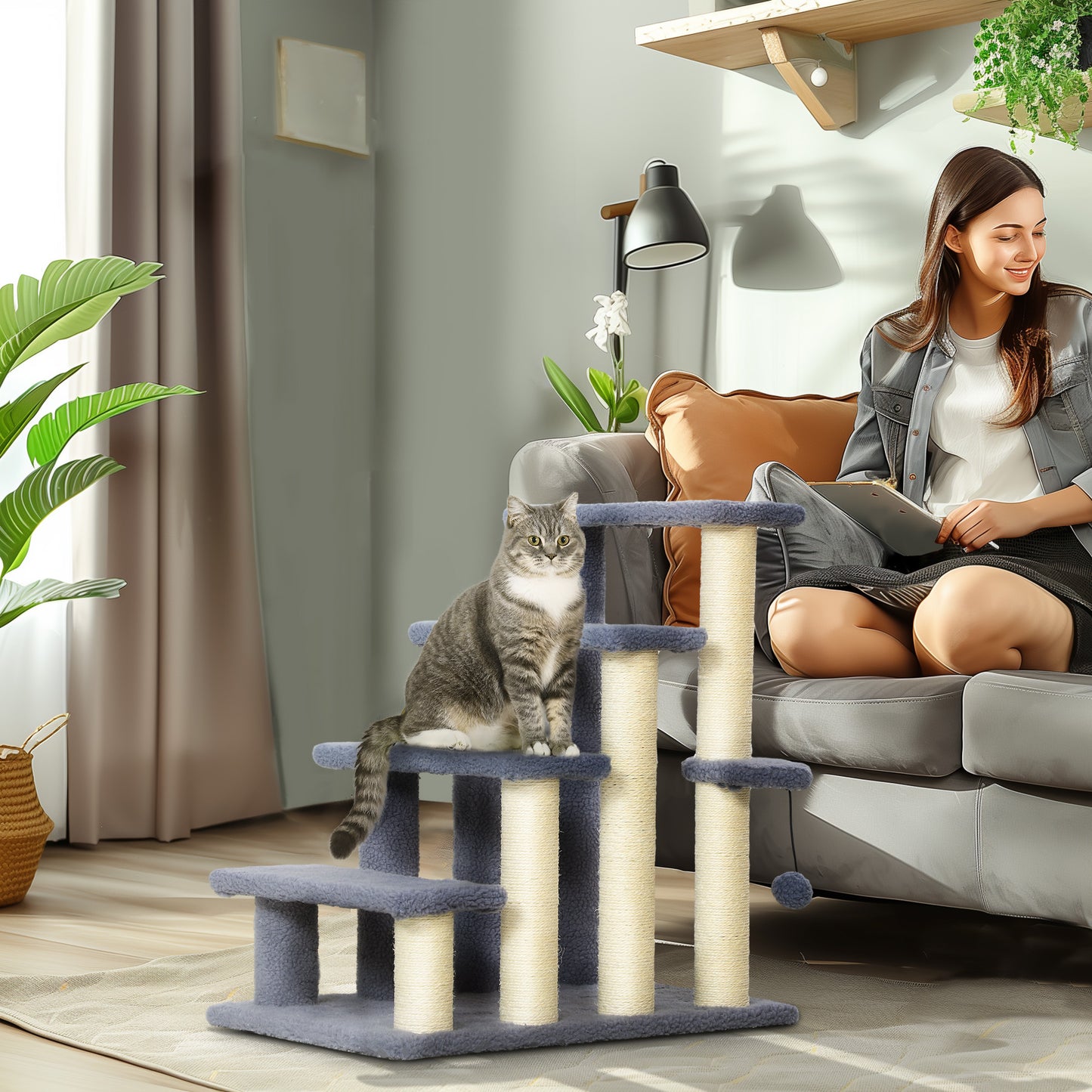 Plush grey multilevel cat tree with sisal scratching posts and a playful cat