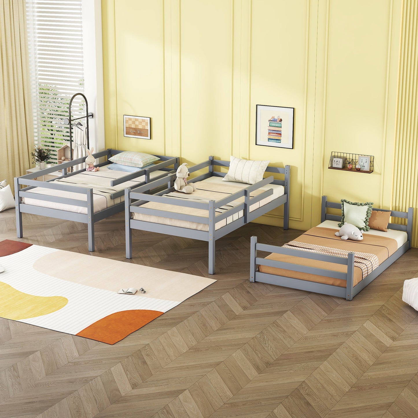 Gray twin over twin bunk bed with guardrails and plush toys